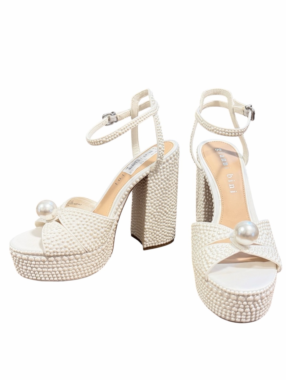Gianni Bini White Pearl-Embellished Platform Sandals, bridal 9.5